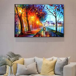 Romantic Couple Walking In The Rain Oil Painting Hand Painted Modern Home Wall Decoration Paris Street Rain Scene Canvas Painting Landscape Wall Art For Room Decor
