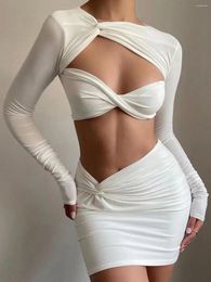 Work Dresses Sexy Cut Out Mini Dress Women 2 Pieces Set Elegant Top And Skirt Long Sleeve Bodycon Tight Evening Clubwear D242