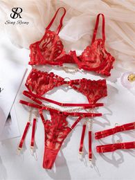 Bras Sets SINGREINY Hollow Out Sheer Skinny Underwear 2024 Ladies Embroidery Slim Club Lingerie Chain Women Bra&Briefs Suits