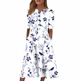 spring Summer Women'S Dres New Vintage Printed Round Neck Short Sleeve Dr Elegant Temperament Loose Large Vestidos J9m9#