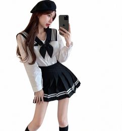 japanese Korean Girls JK Uniform Sets Daily Black Sailor Suits Goldfish Knot Navy Collar Tops High Waisted Pleated Skirts Women x2lh#