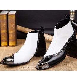 Batzuzhi Western Rock Black White Ankle Man Boots ITALY TYPE Increased Height Pointed High-top Man Leather Boots, Big EU38-46!