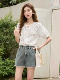 Women's T-Shirt MISHOW Embroidered Sweet Blouses for Women 2023 Summer 100 Cotton Puff Sleeve Lace-up V Neck Hollow Out Solid Tops MXC34C001924329