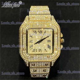 Other Watches Famous Brand MISSFOX Luxury Mens Gold es Fashion Hip Hop Iced Diamond Waterproof Square Quartz Wrist Man Free Shipping T240329