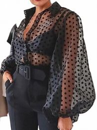 women Black Tulle Blouses Polka Dots Print Butt Down Lg Lantern Sleeve Shirt Tops Elegant Classy Plus Size Trendy Club Wear V9cs#