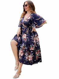 plus Size Womens Deep V Neck Ruffle Sleeve Dr Wrap Belt Blue Robe Summer Casual Cocktail Party Work Swing A-line Sundr 99Vm#
