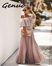 Casual Dresses Genuo Off Shoulder Chiffon Summer Women Ruffle Pleated Long Dress Pink Elegant Loose Holiday Beach Female 2024