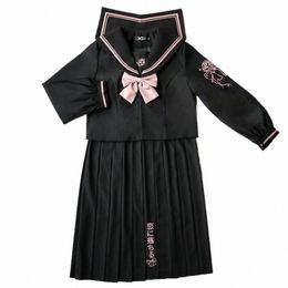 cute Pink Lg Sleeve Sailor Suit JK School Uniform Sets Black Shirt And Pleated Skirt Bowtie Suits For Girls Student Cosplay k5wA#