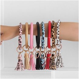 Key Rings Tassel Pendant Bracelet Chain Pu Leather Bracelets Wristlet Bangle Leopard Keychain Round Ring Charm Jewelry Car Keyring Dro Dhc4O