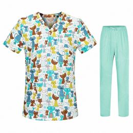 medical Scrubs Uniforms Women's 3 Pocket V Neck Print Blouse Clinical Workwear Scrubs Tops Casual T-Shirt Pet Shop Work Clothes S8JF#