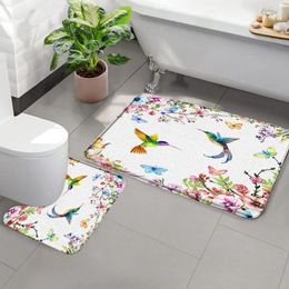 Bath Mats Hummingbird Flower Bathroom Rug Watercolour Bird Home Toilet Decor Tropical Plants Green Leaves Bathtub Decoration