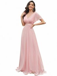 women Pink Bridesmaid Dres Lg Elegant A Line Double V Neck Ruffles Chiff Formal Wedding Party Dr New Lg Prom Dr r4mP#