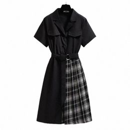 150kg Plus Size Women's Summer Notched Sstitching Waist Dr Bust 150cm 5XL 6XL 7XL 8XL 9XL Plaid Asymmetric Dr Black J4Jv#