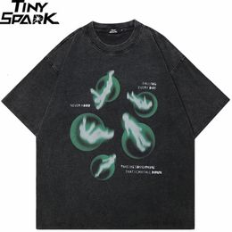 Hip Hop Streetwear Men T-Shirt Oversized Green Graphic T Shirt Retro Vintage Washed Black Tshirt Unisex Tops Tees Cotton 240318