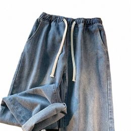 streetwear Men Elastic Waist Baggy Jeans New Autumn Korean Fi Denim Wide Leg Pants Vintage Blue Trousers Male Brand Y9YN#