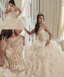 Gorgeous champagne Crystal Quinceanera Dresses Scoop Neck Hollow Back Coeset Prom Dress Tiered Skirts Floor Length Sweet 16 Dress6701881