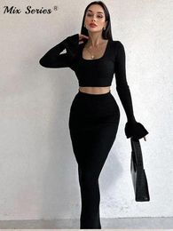 Work Dresses Fashion Solid Top Pencil Skirt Set Women Elegant Square Collar 2 Piece Suits Lady Casual Crop Flare Sleeve Skirts Outfit