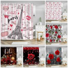 Shower Curtains Paris Eiffel Tower Pink Curtain Valentine's Day Flowers And Butterflies Polyester Washable Bathroom Decor