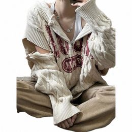 Hip Hop Streetwear Büyük Boy Kazak Kadınlar Mektup Cardigan Sonbahar ve Kış Çok yönlü Söndürülebilir Örgü Gevşek Külot Y2K Üst W0GU#