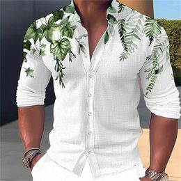 Men's Casual Shirts 2024 Long Sleeved Standing Neck Button Shirt Green Leaf Printed Soft And Comfortable Top Plus Size