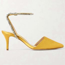 2024 Summer New Yellow Straight Line High Heel Sandals with Pointed Toe and Headed Water Diamond High Heel Shoes with Thin Heels and Hollow Heels