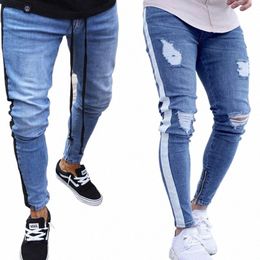 trendy Skinny Jeans Men Sexy Ripped Hole Stretch Denim Trousers Male Autumn Straight Streetwear Pencil Hip hop Jeans Plus Size A0M3#