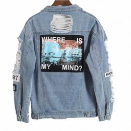 pulabo Women Frayed Denim Bomber Jacket Appliques Print Where Is My Mind Lady Vintage Elegant Outwear Autumn Fi Coat PULABO t5OH#