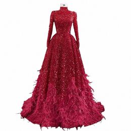 elegant Feather Sequin Evening Night Dres for Women 2023 Lg Sleeves High Neck Muslim Aline Formal Wedding Prom Party Gowns 56mI#