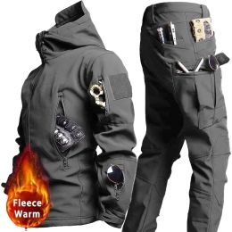 Winter Fleece Tactical Sets Men Military Waterproof Shark Skin Soft Shell Jackets+Outdoor Multi-pocket Cargo Pants Army Suits