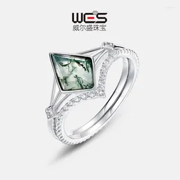 Cluster Rings Minimalist Green Moss Stone Layered Ring S925 Silver Inlaid Water Grass Agate Matching With European And American Style
