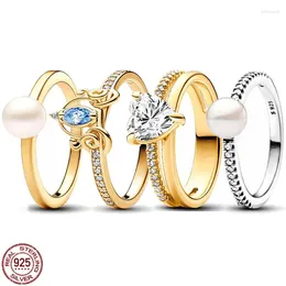 Cluster Rings 925 Sterling Silver Light Luxury Gold Colour Classic Pumpkin Carriage Heart Shaped Pearl Ring Exquisite Charm Jewellery Gift