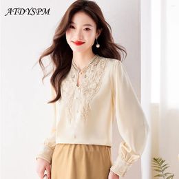 Women's Blouses 2024 Elegant Embroidery Women Spring Sexy Hollow Out Apricot Satin Shirts Vintage Office Ladies Tops Blusas Mujer