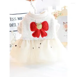 Dog Apparel Autumn Winter Beige Pet Clothes Fashion Warm Plush Lace Princess Dress For Small Medium Cute Bow Print Puppy