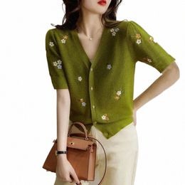 summer New Loose Plus Size Cardigan V-Neck Thin Embroidered Floral Knit Top Green Small Fresh Casual Fi Short Sleeve Top p5R2#