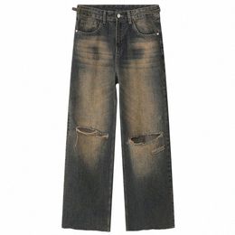 ripped Vintage Jeans for Men Hip Hop Streetwear Baggy Denim Pants Harajuku Loose Blue Jeans R2oM#
