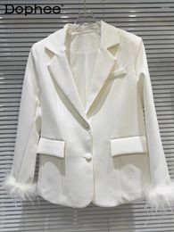 Women's Suits Ostrich Fur Cuff Solid Colour High Sense Padded Shoulder Suit Blazer 2024 Spring Office Lady White Jacket For Women
