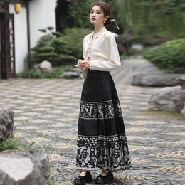 Spring and Summer New Chinese Style Ming Made Horse Face Skirt Daily Long Sleeved Hanfu Silver Black Set