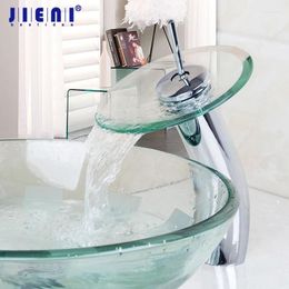 Bathroom Sink Faucets JIENI Water Tap Chrome Brass Transparent Tempered Glass Waterfall Faucet Mixer