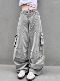 Women's Jeans Grey Cargo Harajuku Vintage Y2k Baggy Denim Trousers Oversize Cowboy Pants 90s Aesthetic Trashy 2000s Clothes 2024