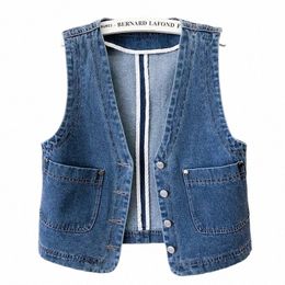 fi V-Neck Denim Vests Women Spring Summer Short Sleevel Jacket Casual Single-Breasted Oversize Jean Waistcoat Female Top h9N9#