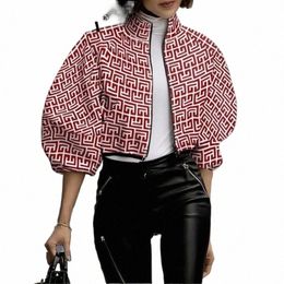 women Polka Dot Pattern High Street Short Jacket Turtleneck Stylish Fr Print Jackets New Fi Lantern Sleeve Zipper Coats s6nn#