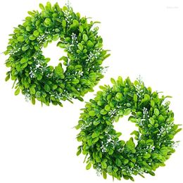 Decorative Flowers 2 Pack Artificial Boxwood Wreath Faux Green Leaves Front Door Hanging Decoration 10 Inches