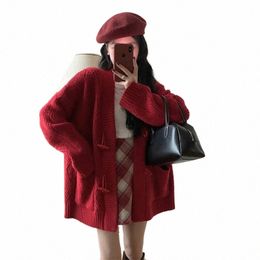 retro Womens 2023 New Autumn Winter Korean V Neck Cardigan Loose Sense Of Design Temperament Red Colour Sweater Knitwear Coat r5Z0#