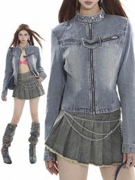 denim Short Coat for Women Autumn New Burrs Slim Slim-Fit Zipper Lg Sleeve Blue Jean Jacket Top y3Th#