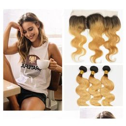 Human Hair Wefts With Closure Stberry Blonde Ombre Peruvian Weaves Frontal Body Wave 1B 27 Honey 3 Bundles Lace Drop Delivery Products Otb9P