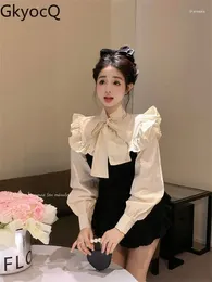 Women's Blouses GkyocQ Korean Fashion Women Tops Clothing Ruffles Spliced Bow Tie Collar Long Sleeve Short Blouse All Match Female