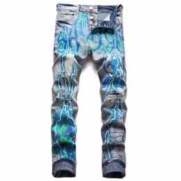 punk Trend Retro Blue Jeans Ripped Slim Elastic Print Pencil Pants Mid-Waist Casual Trousers 002w#