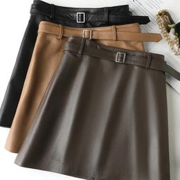 Skirts Genuine Leather Skirt For Women Half Womens Clothing OL High Waist A-line Belt Short Korean Streetwear