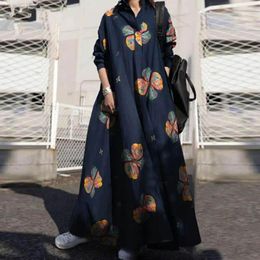 Casual Dresses Soft Maxi Dress Ethnic Style Floral Print For Women With Turn-down Collar Long Sleeves Plus Size