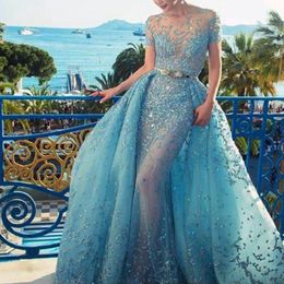 Fascinating Light-Blue Evening Dress With Overskirt Crystal Lace Applique Jewel Neck Short Sleeve Evening Gown Sexy See Through Pr287e